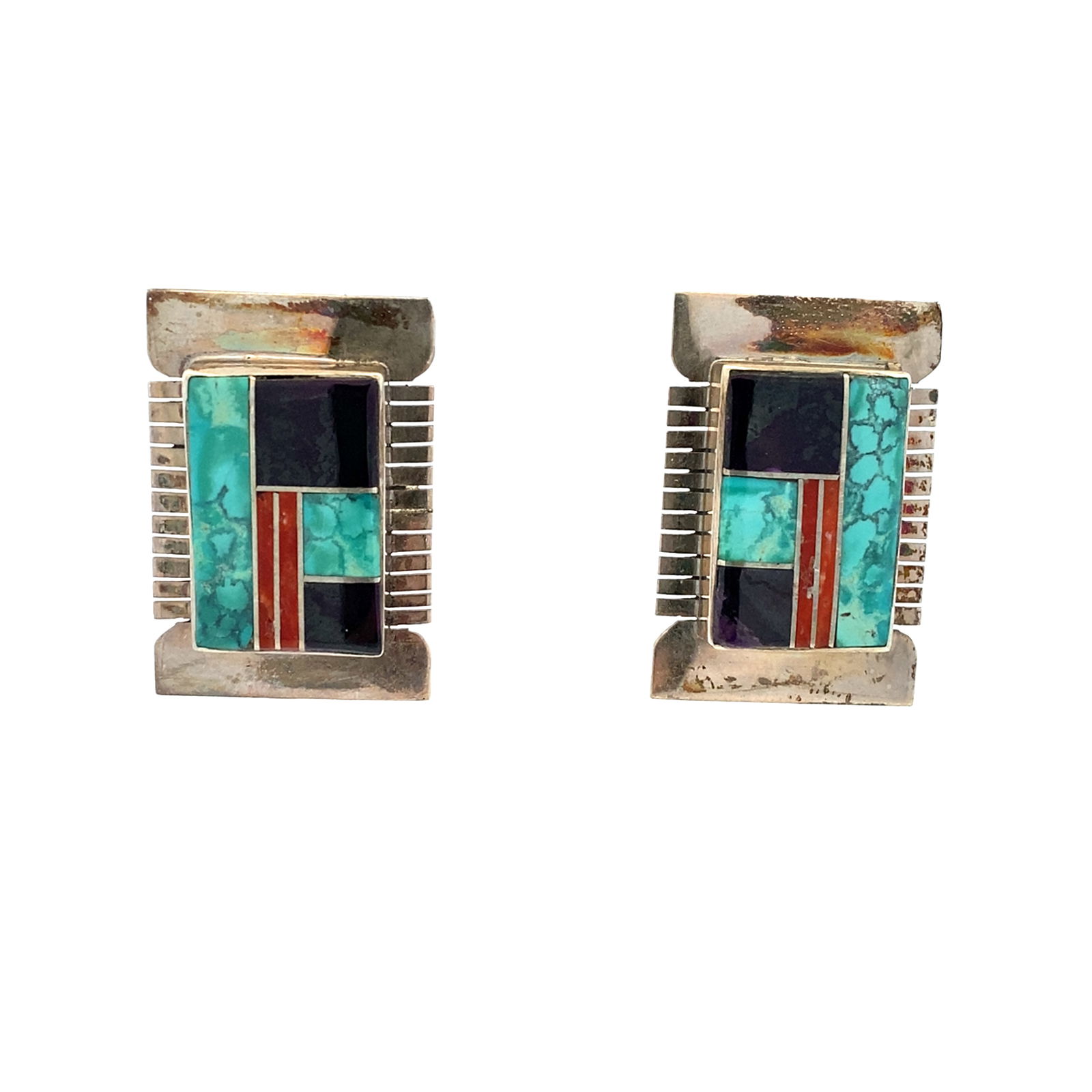 Native American Signed "MTT" Multi-Gemstone Inlay Earrings in Sterling Silver (1 of 4)