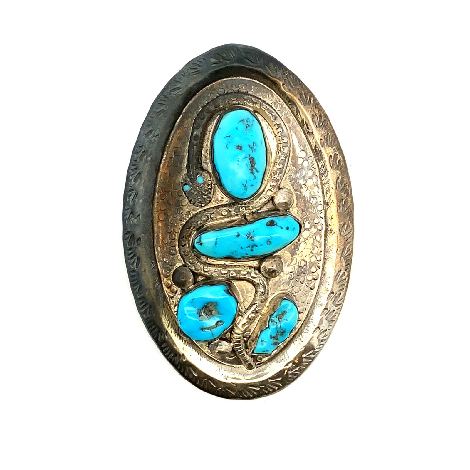 Style of Effie Calavaza Turquoise Snake Belt Buckle in Sterling Silver: Style of Effie Calavaza turquoise snake belt buckle in sterling silver, Measure: 7cm width x 4.5cm height, Weight: 35.0 grams