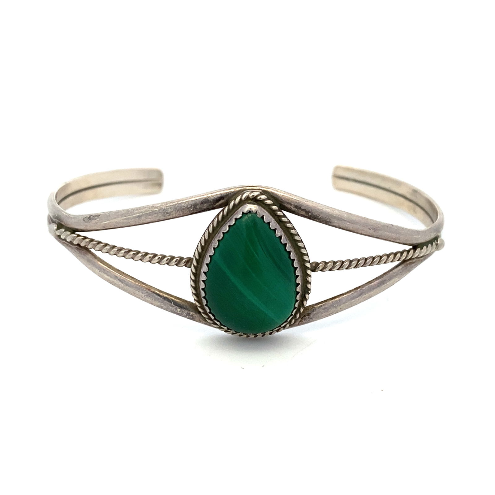 Native American Artisan Signed "PY" Malachite Cuff Bracelet in Sterling Silver (1 of 5)