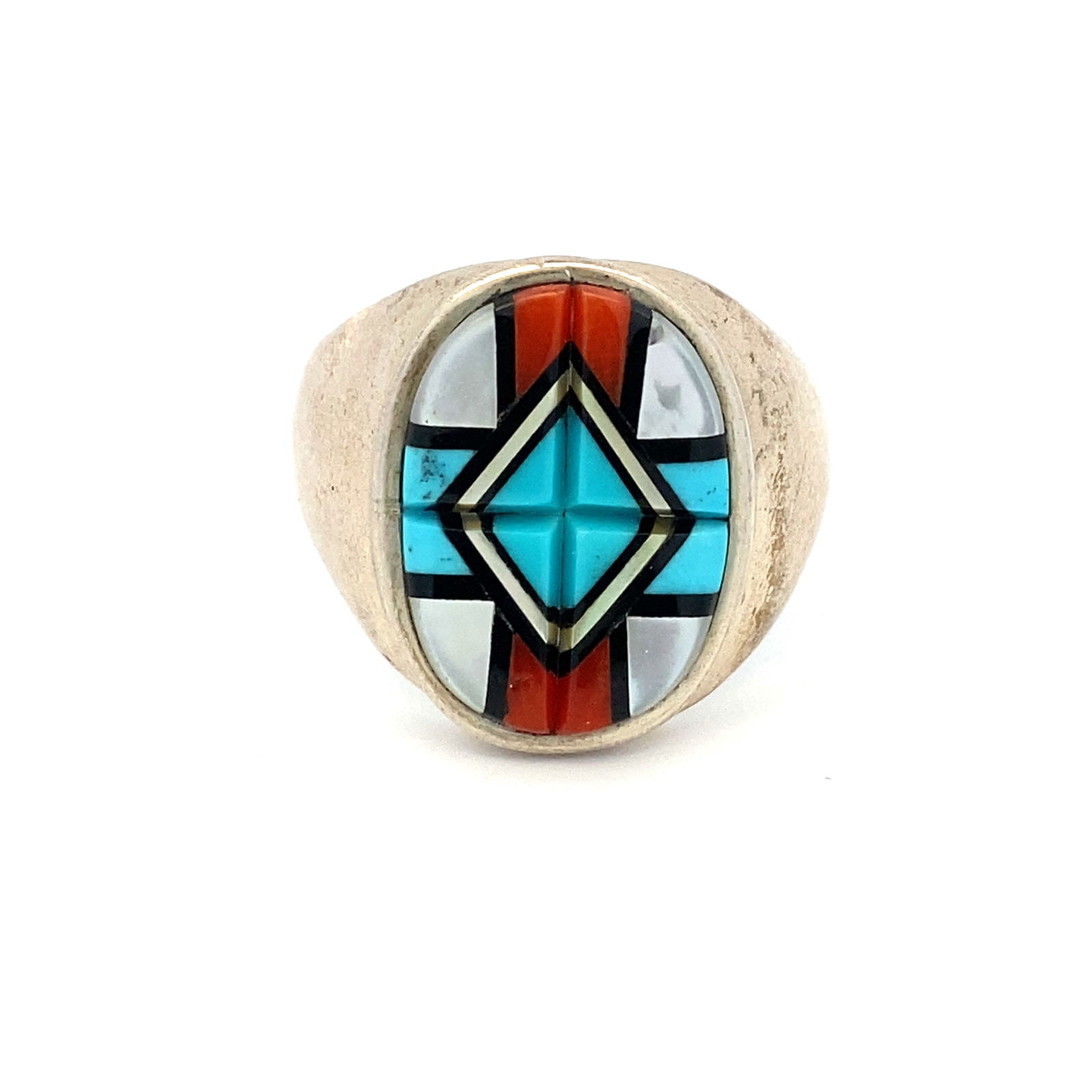 Vintage Native American Artisan Signed Multi-Gemstone Inlay Ring in Sterling Silver: Vintage Native American artisan signed multi-gemstone inlay ring in sterling silver, Size: 11, Weight: 13.3 grams