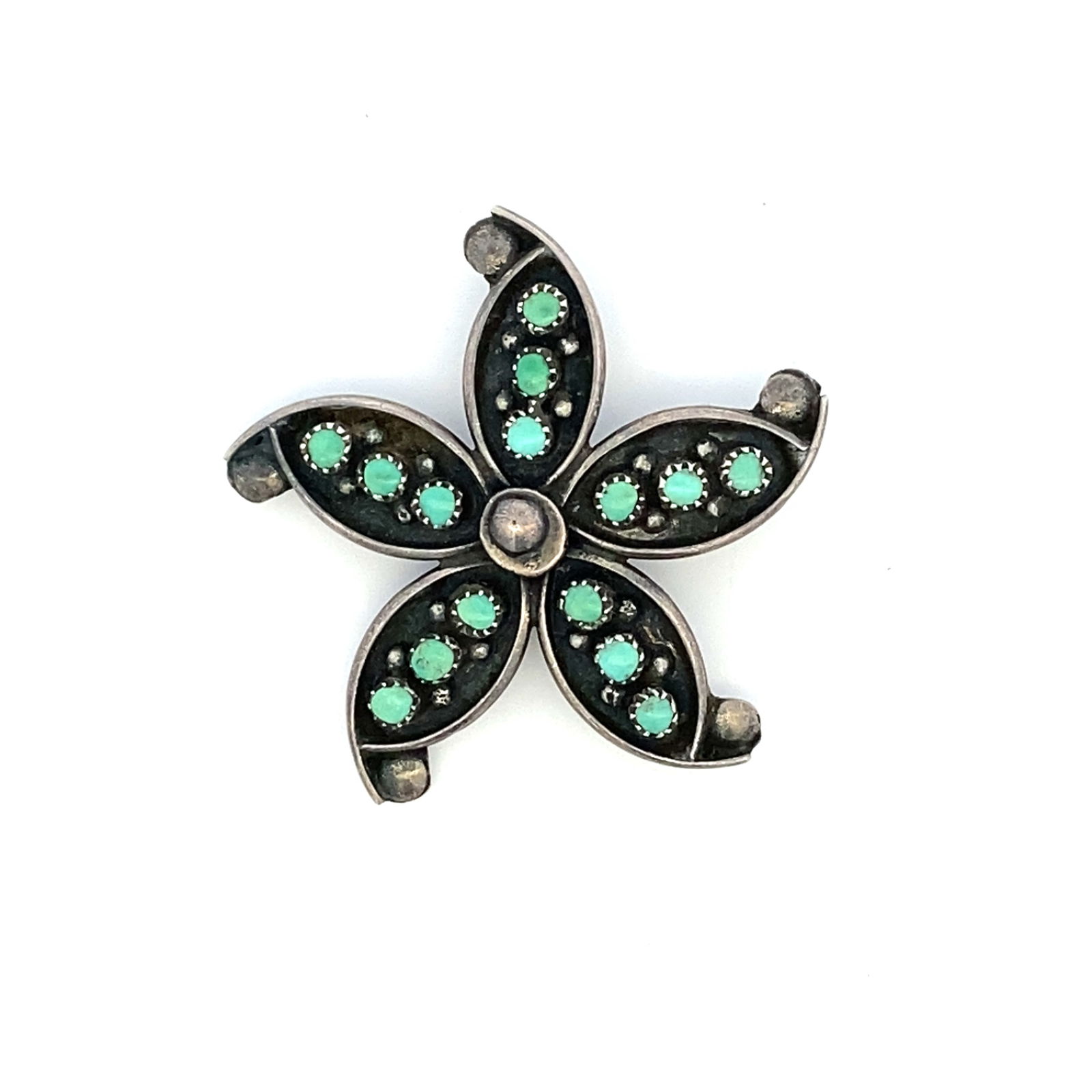 Vintage Native American Flower Turquoise Brooch in Sterling Silver (1 of 3)
