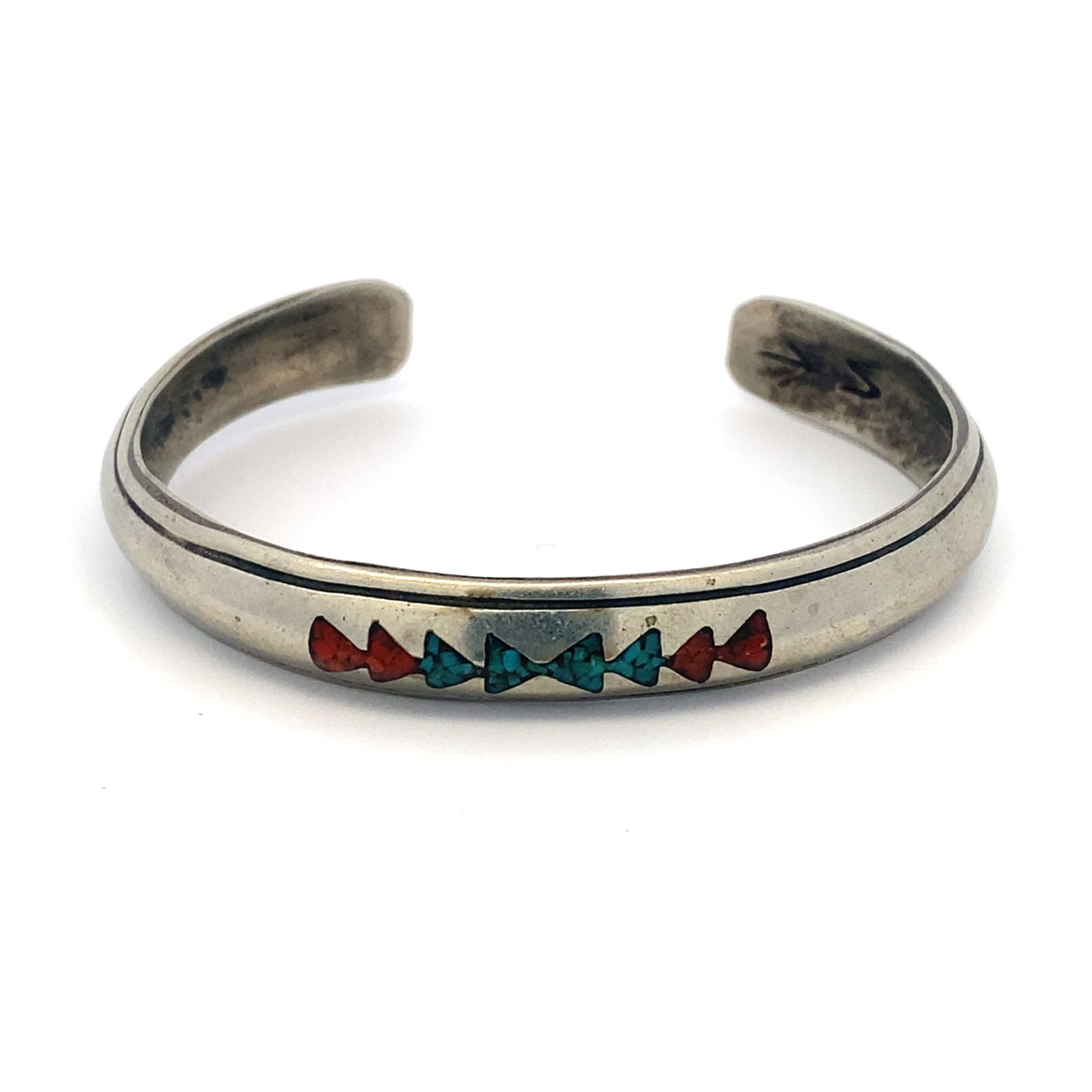 Vintage Native American Turquoise and Coral Chip Inlay Cuff Bracelet in Sterling Silver (1 of 4)