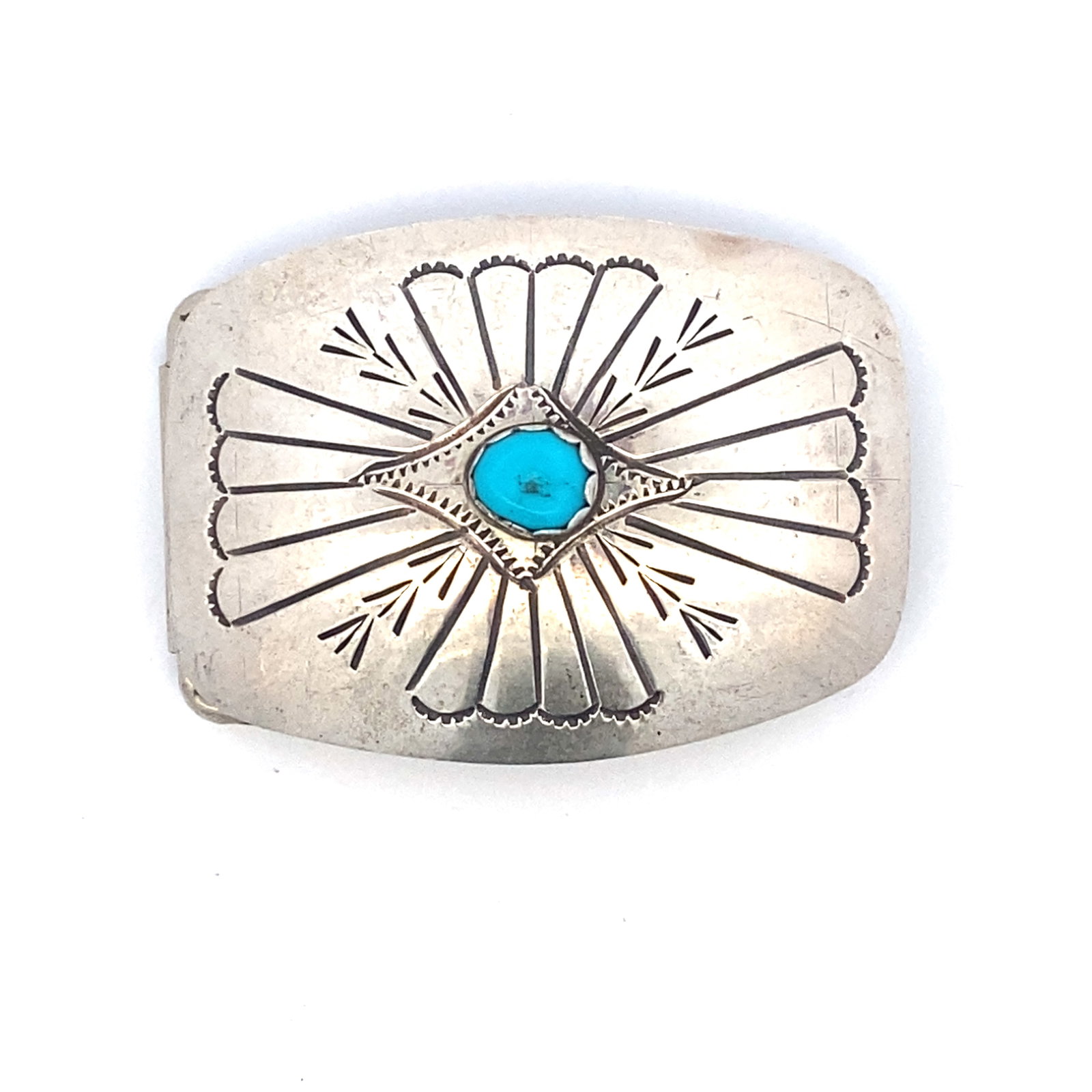 Navajo Native American Turquoise Belt Buckle in Sterling Silver: Navajo Native American turquoise belt buckle in sterling silver, Measure: 5cm width x 3.7cm height, Weight: 11.6 grams