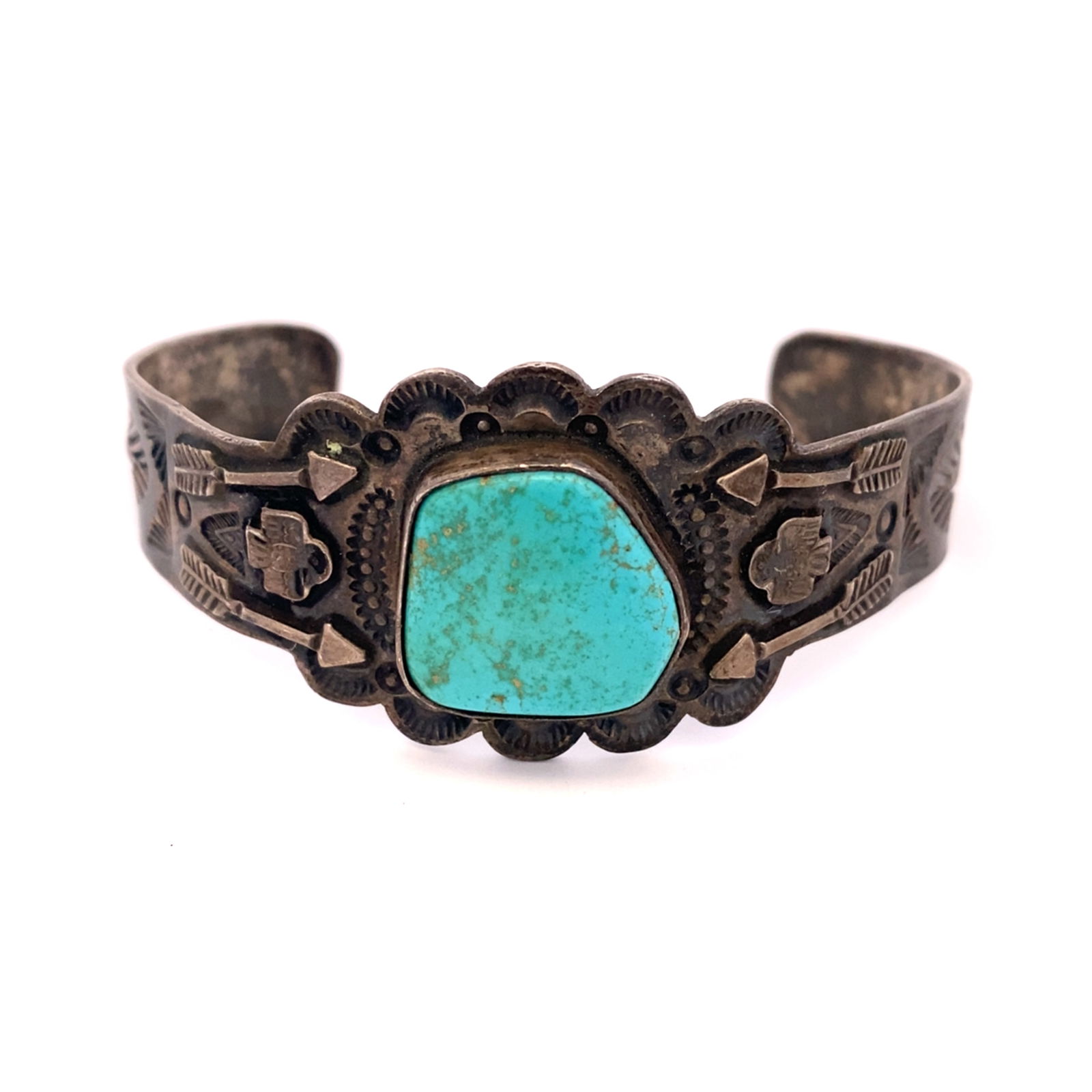 Vintage Fred Harvey Arrowhead Turquoise Cuff Bracelet, Sterling Silver Old Pawn Navajo (1 of 4)