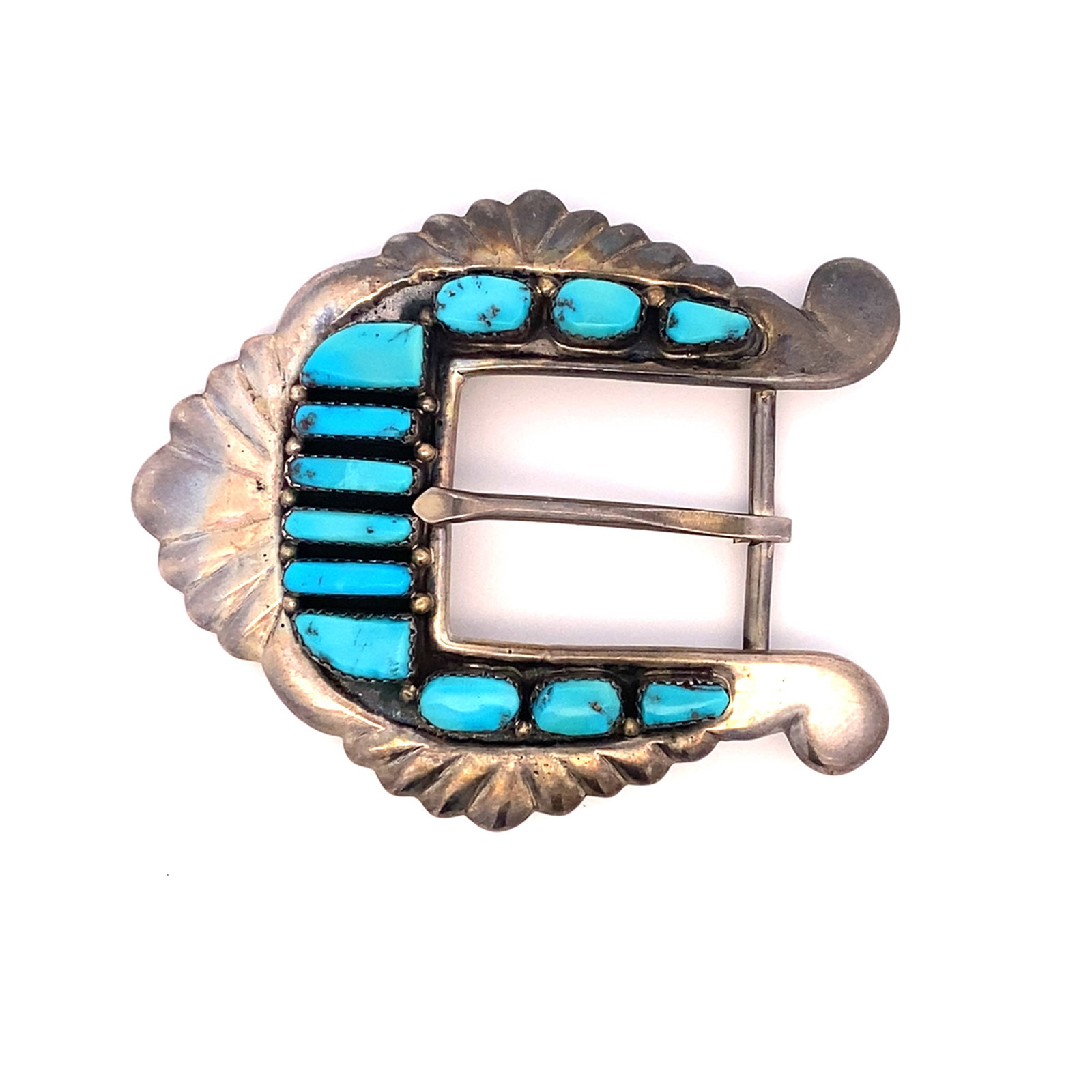 G&L Leekity Turquoise Sterling Silver Belt Buckle: Sterling silver belt buckle with turquoise stones, stamped by artisan G&L Leekity, 3"W x 2.25"H, 52.5g