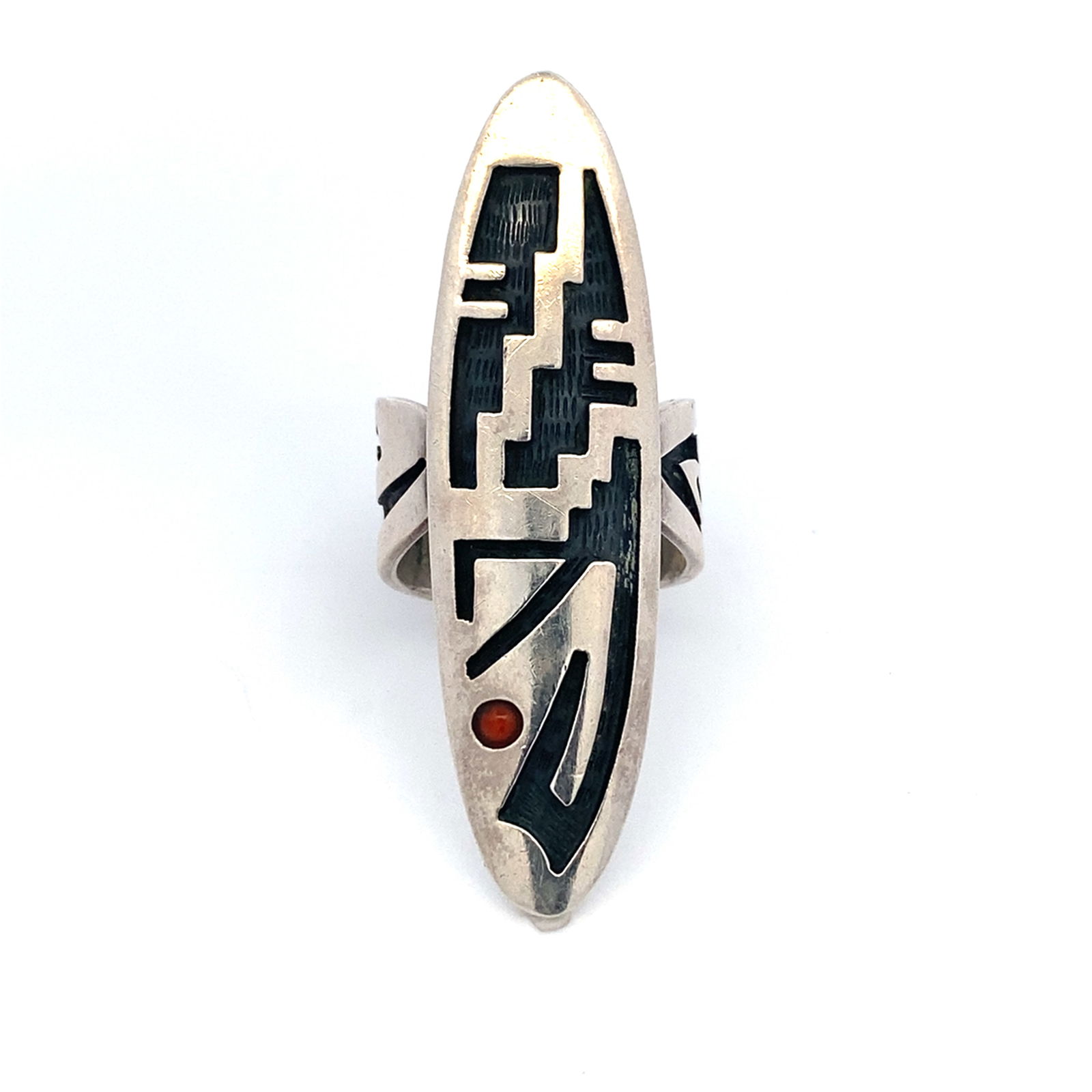 Artisan BS Native American Coral Sterling Silver Navette Ring (1 of 5)