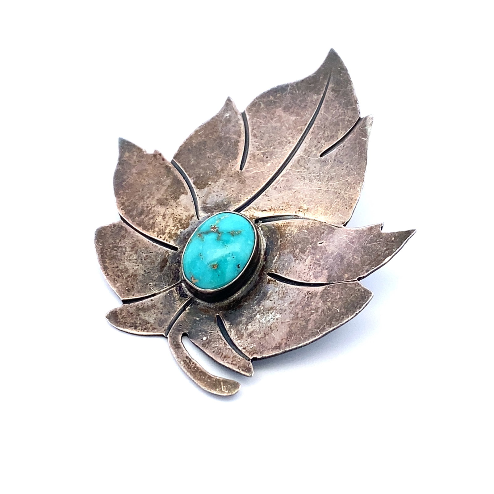 Turquoise Leaf Brooch, Sterling Silver: Sterling silver leaf brooch with center turquoise stone, stamped by artisan EK, 2" x 1.75", 12.74g