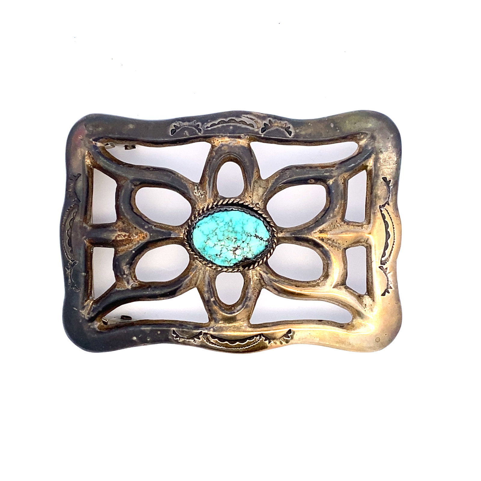 Native American Artisan "BJ" Sterling Silver Turquoise Belt Buckle: Native American sterling silver belt buckle with center turquoise, artisan stamp "BJ", 3" x 2", 67.0 grams