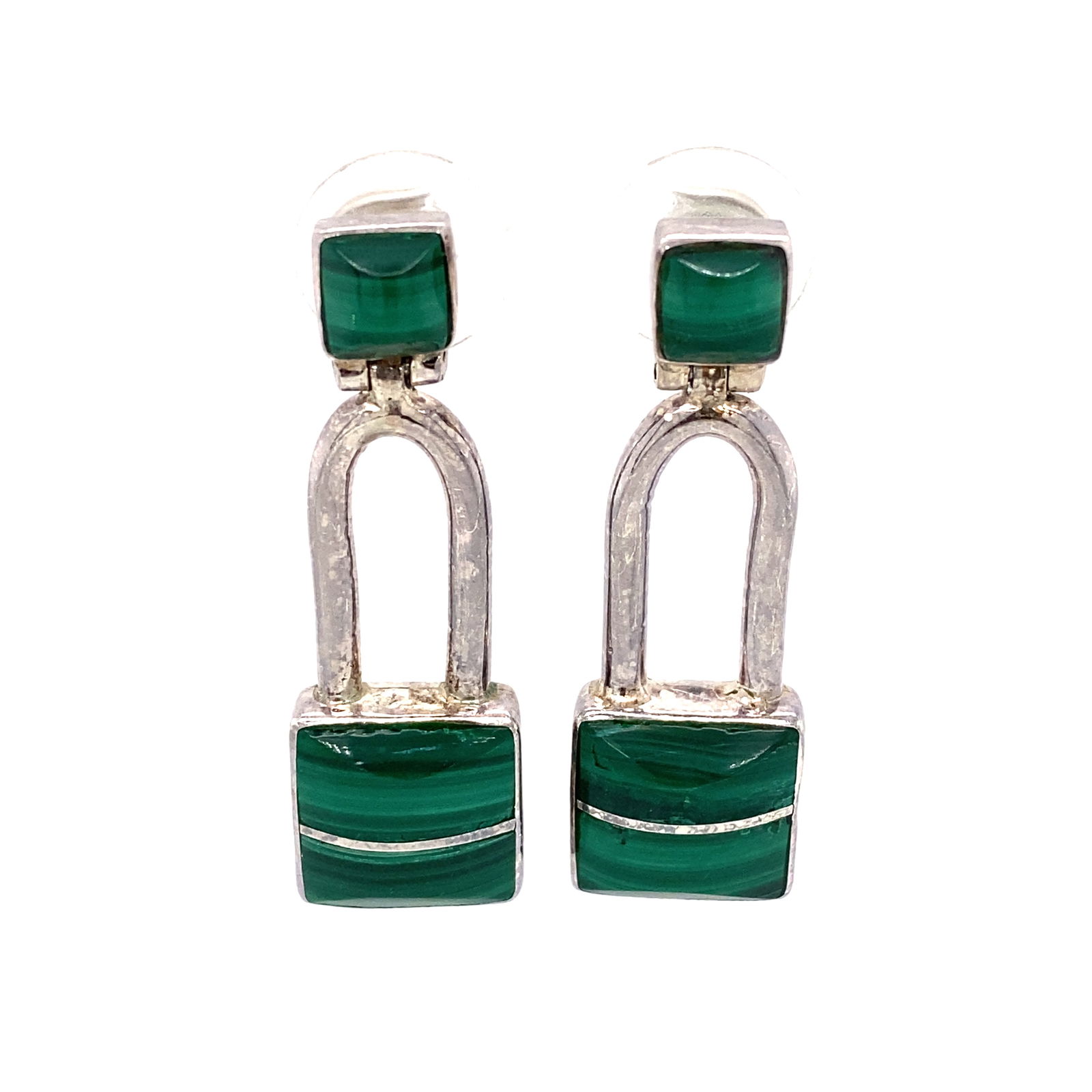Vintage Malachite Earings in Sterling Silver: Era: Vintage, Metal type: 950 Sterling Silver, Gemstone: Malachite, Dimensions: Approximately 1.5" Length, Weight: 18.4 g
