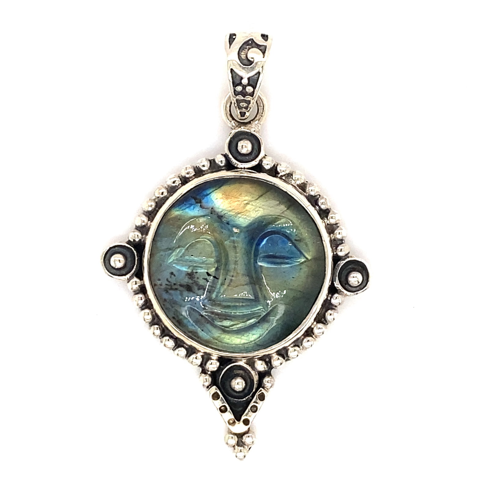Unique Curved Labradorite Moon Pendant in Sterling Silver: Metal type: Sterling Silver, Stone: Labradorite, Design: Moon pendant, Dimensions: Approximately 1.75" Height including bail, Weight: 9.7 g