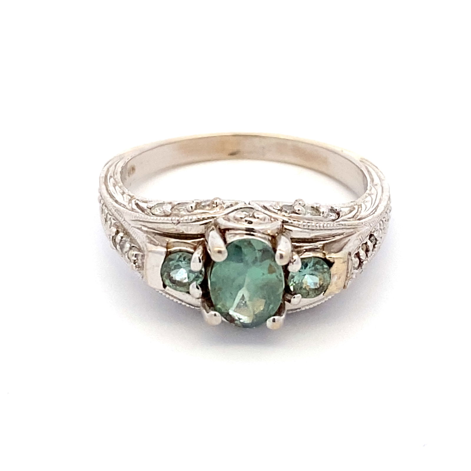 Estate Green Sapphire and Diamond Ring in 14K White Gold (1 of 6)