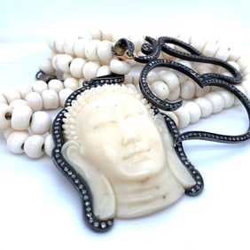 Buddha Head Necklace in Sterling Silver and Diamonds