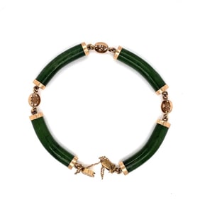 1960s Chinese Symbol Jade Brecelet in 14K Yellow Gold