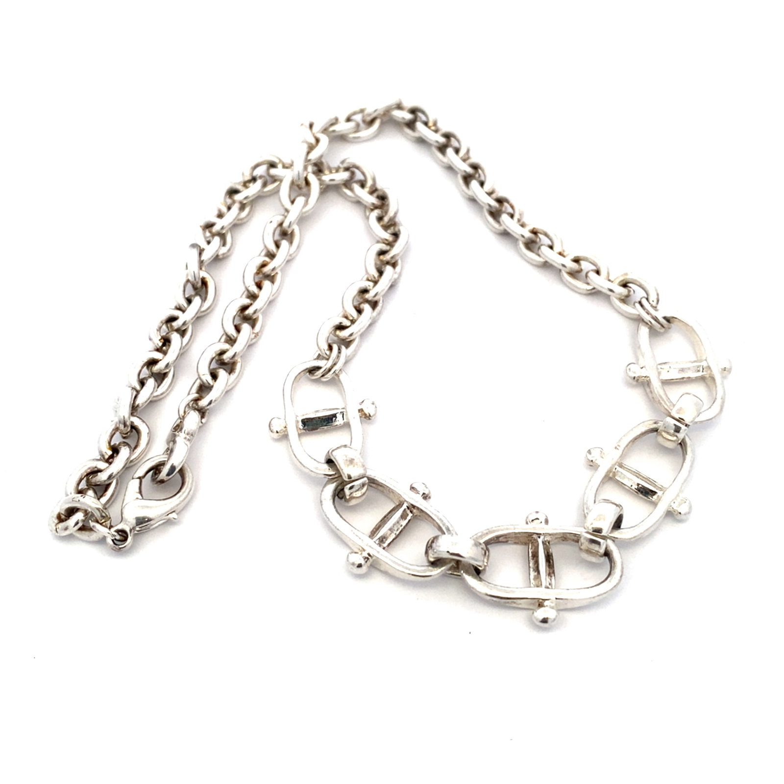Mariner Links Chain Choker Necklace in Silver Tone Metal: Silver tone metal chain choker necklace with mariner links, 15in. LA236