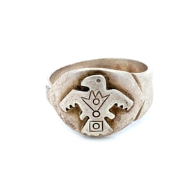 Vintage Native American Thunderbird Mens Signet Ring in Sterling Silver