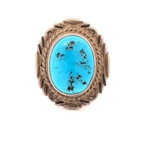 Native American Signed "V Chee" Turquoise Ring in Sterling Silver