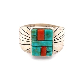 Vintage Native American Signed "MH" Turquoise and Coral Ring in Sterling Silver