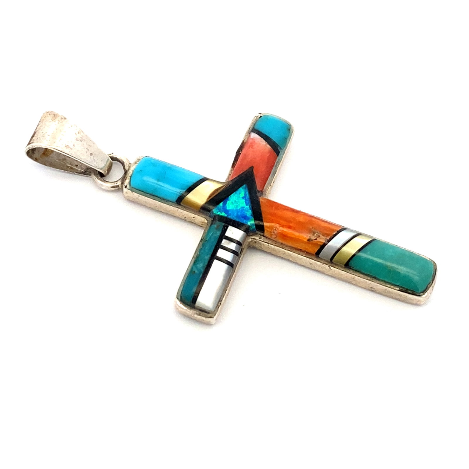 Estate Vintage Native American Multi-Gemstone Inlay Cross in Sterling Silver: Estate Vintage Native American multi-gemstone inlay cross in sterling silver, 2.6cm width x 5cm height including bail, Weight: 5.4 grams