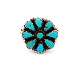 Vintage Native American Turquoise Flower Ring in Sterling Silver