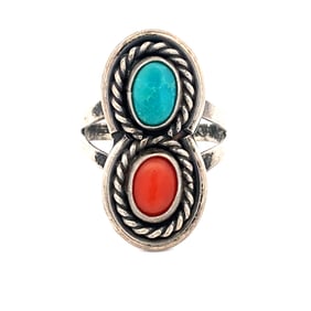 Estate Vintage Native American Turquoise and Coral Ring in Sterling Silver