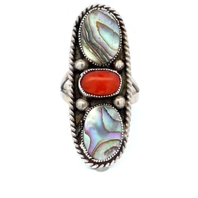 Vintage Native American Abalone Shell and Coral Ring in Sterling Silver