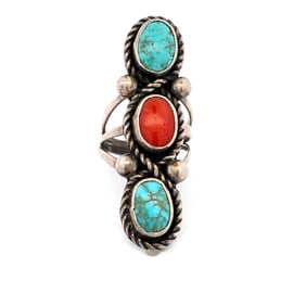 Estate Vintage Native American Turquoise and Coral Ring in Sterling Silver