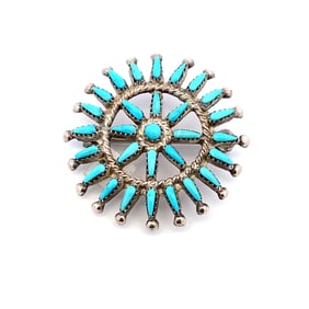Vintage Native American Zuni Turquoise Petit Point Brooch/Pendant in Sterling Silver