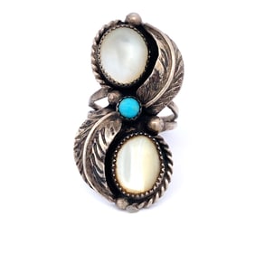 Vintage Native American Mother of Pearl and Turquoise Ring in Sterling Silver