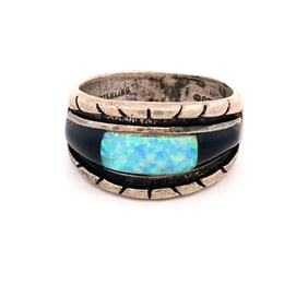 Vintage Native American Lab Opal and Onyx Ring in Sterling Silver