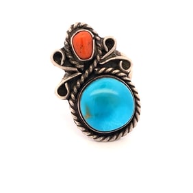 Vintage Native American Coral and Turquoise Ring in Sterling Silver