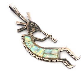 Vintage Native American Lab Grown Opal Kokopelli Pendant in Sterling Silver