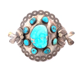 Vintage Native American Artist Signed "JY" Turquoise Cuff Bracelet in Sterling Silver