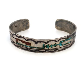 Vintage Native American Artist Signed "T" Coral and Turquoise Cuff Bracelet in Sterling Silver