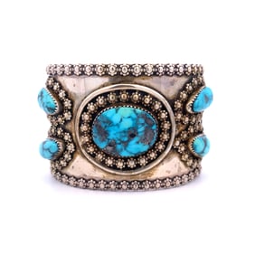 Vintage Native American Artist Signed "JY" Turquoise Cuff Bracelet in Sterling Silver