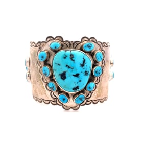 Vintage Native American Artist Signed "JY" Turquoise Cuff Bracelet in Sterling Silver