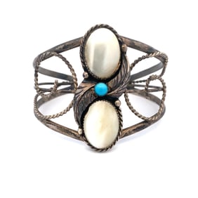 Vintage Native American Artist Signed "EY" Mother of Pearl and Turquoise Cuff Bracelet in Sterling