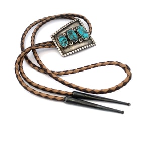 Vintage Native American Turquoise Bolo Tie Necklace in Sterling Silver