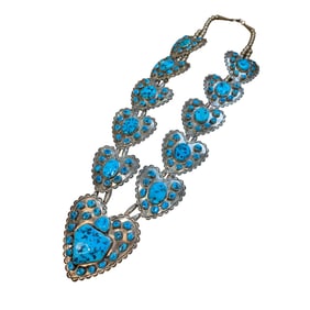 Vintage Navajo Signed "JY" Turquoise Squash Blossom Necklace in Sterling Silver