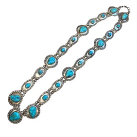 Estate Vintage Signed "JY" Turquoise Squash Blossom Necklace in Sterling Silver