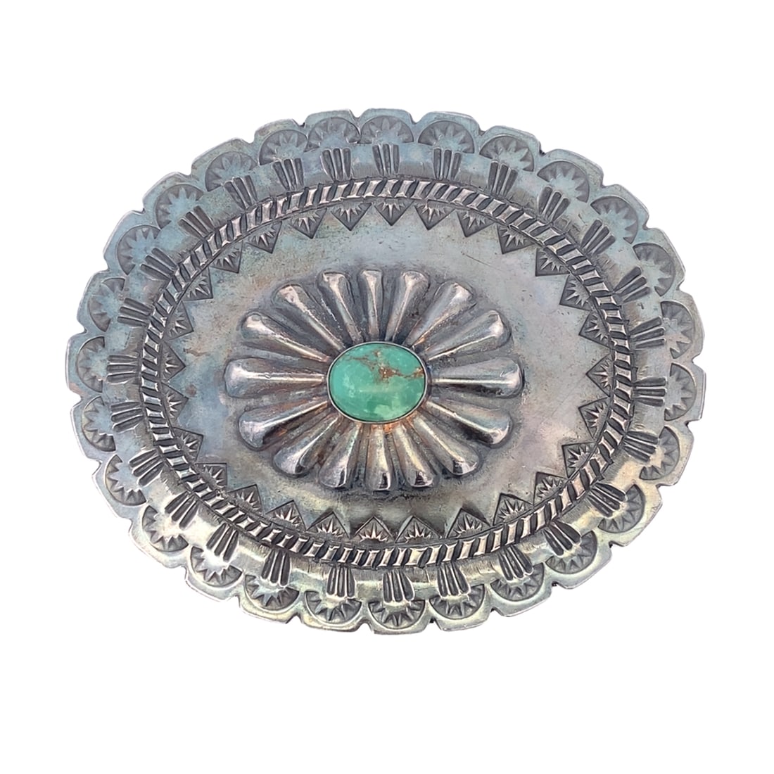 Stu Y. Native American Turquoise Belt Buckle Sterling Silver: Sterling silver belt buckle by Native American artisan Stu Y. with center green turquoise, 3.5" x 3", 72.95g