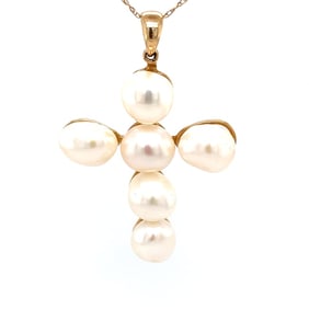 Cross Pendant with Baroque Pearls in 14K Yellow Gold