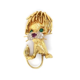 Circa 1970s Lion Brooch with Diamonds, Ruby and Emeralds in 18K Yellow Gold
