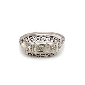Circa 1920s Diamond Ring with Filigree Design in 18K White Gold