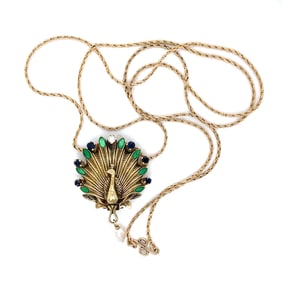 Igor Carl Faberge Sappire, Emerald, Diamond and Pearl Peacock Watch/Pendant in 14k Yellow Gold