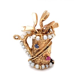 Pearl, Ruby and Sapphire Golf Caddy Pendant in 14K Yellow Gold