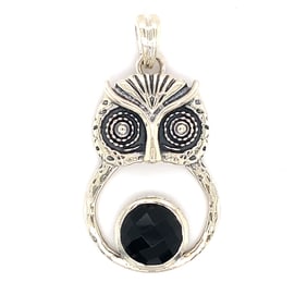 Black Garnet Owl Pendant in Sterling Silver