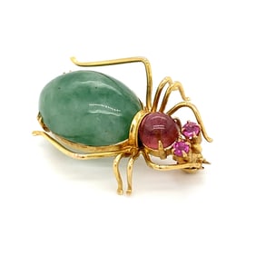 Vintage Jadeite, Tourmaline, Pink Sapphire Spider Brooch in 14K Yellow Gold