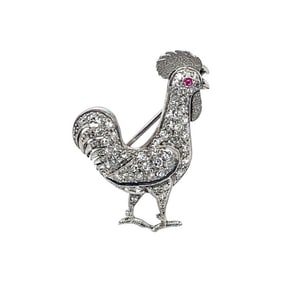 Circa 1915 Platinum Diamond and Ruby Rooster Brooch