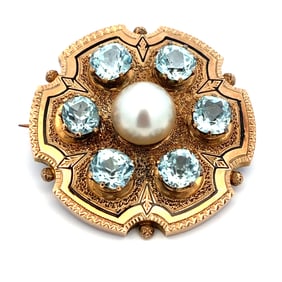 Victorian Blue Zircon Brooch, 14K Gold