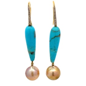 Turquoise and Pearl Dangle Earrings, 18K Gold